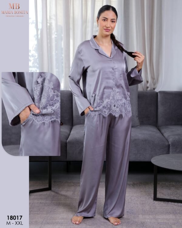 Maria Bonita Pyjama satin chemise dentelle – Réf 18017 – Gris