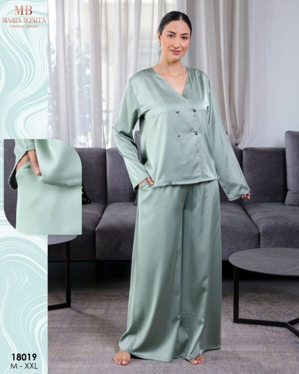 Maria Bonita Pyjama satin croisé pantalon large – Réf 18019 – Vert sauge