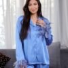 Maria Bonita Pyjama satin chemise à plumes – Réf 18026 – Bleu