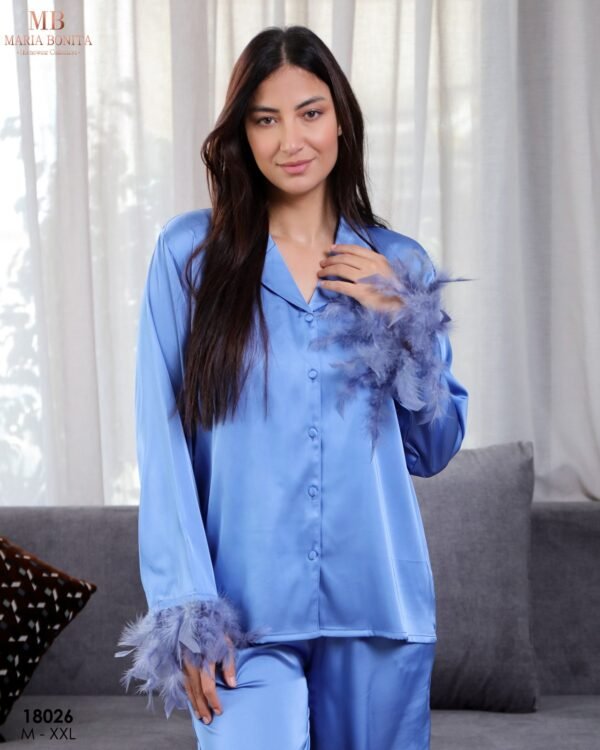 Maria Bonita Pyjama satin chemise à plumes – Réf 18026 – Bleu