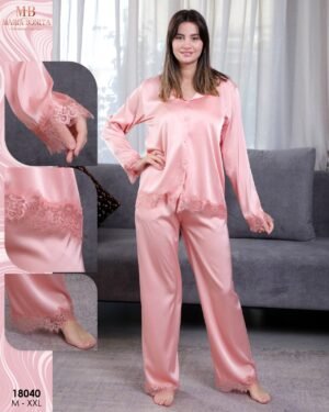 Maria Bonita Pyjama satin chemise dentelle – Réf 18040 – Rose