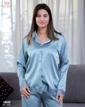 Maria Bonita Pyjama satin chemise dentelle – Réf 18040 – Bleu gris