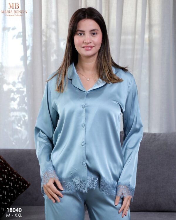 Maria Bonita Pyjama satin chemise dentelle – Réf 18040 – Bleu gris