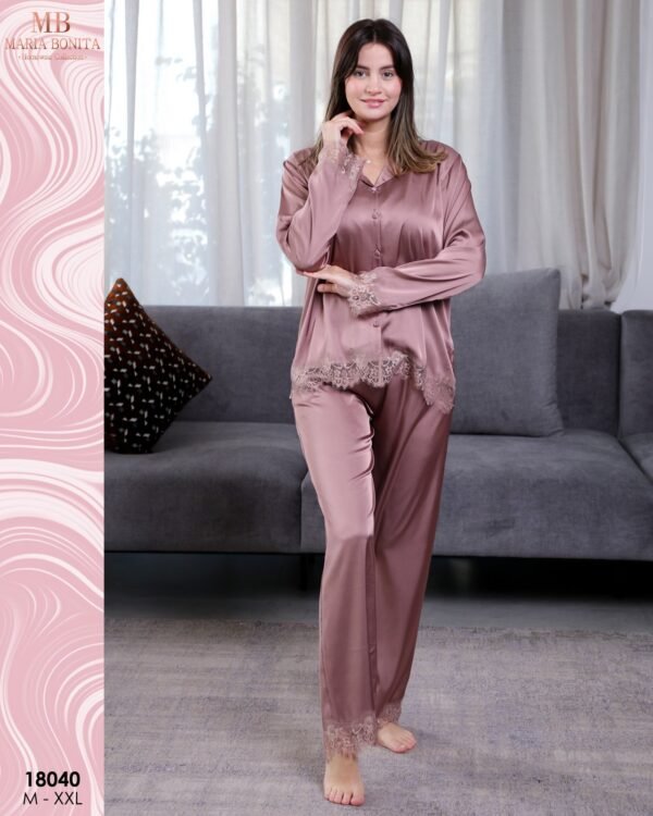 Maria Bonita Pyjama satin chemise dentelle – Réf 18040 – Taupe rosé