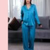 Maria Bonita Pyjama satin jacquard volants – Réf 18057 – Bleu pétrole