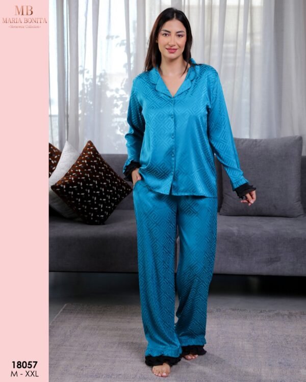Maria Bonita Pyjama satin jacquard volants – Réf 18057 – Bleu pétrole
