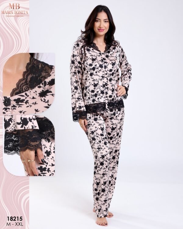 Maria Bonita Pyjama satin fleuri dentelle – Réf 18215 – Rose pâle et noir