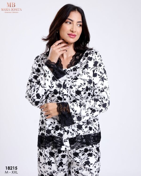 Maria Bonita Pyjama satin fleuri dentelle – Réf 18215 – Blanc et noir