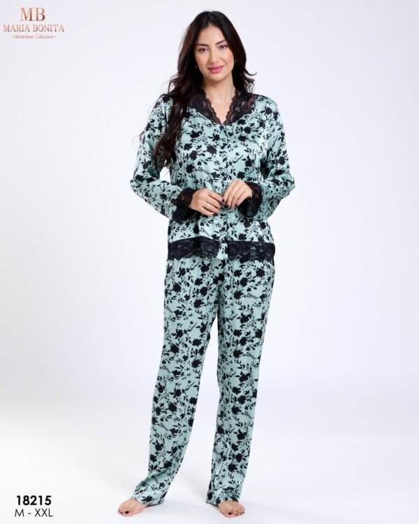 Maria Bonita Pyjama satin fleuri dentelle – Réf 18215 – Vert d'eau et noir