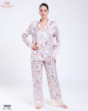 Maria Bonita Pyjama satin fleuri dentelle – Réf 18232 – Écru fleuri