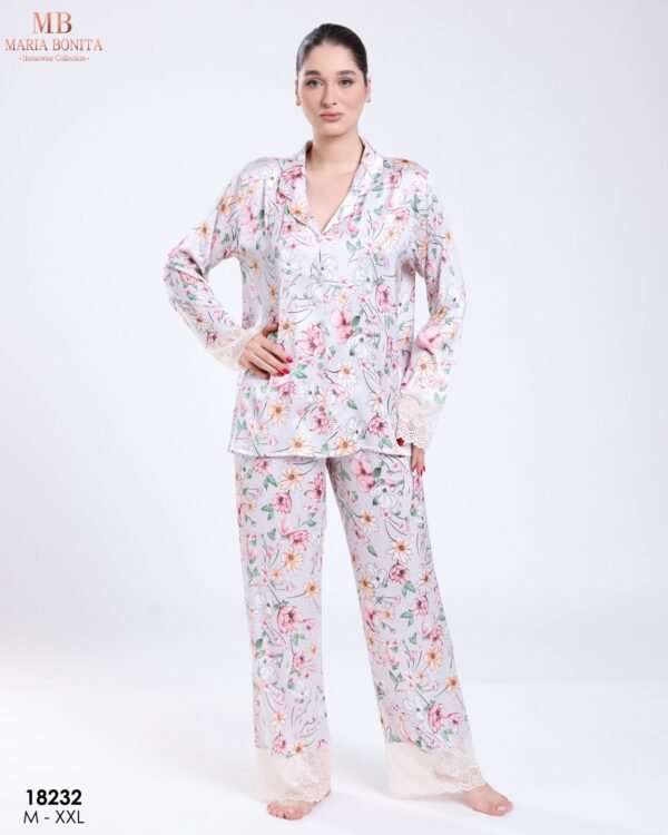 Maria Bonita Pyjama satin fleuri dentelle – Réf 18232 – Écru fleuri