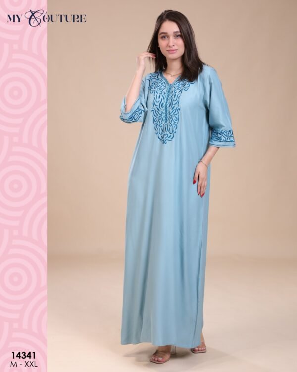 My Couture Caftan d'intérieur brodé – Réf 14341 – Bleu ciel