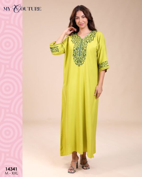 My Couture Caftan d'intérieur brodé – Réf 14341 – Vert anis