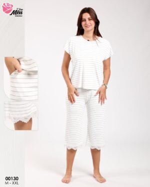 Rose Miss Pyjama pantacourt – Réf 00130 – Blanc rayé gris