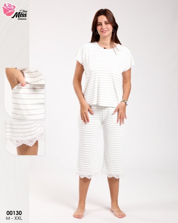 Rose Miss Pyjama pantacourt – Réf 00130 – Blanc rayé gris