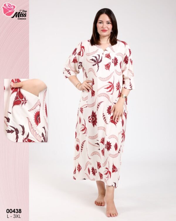 Rose Miss Robe d'intérieur longue – Réf 00438 – Écru motif rouge