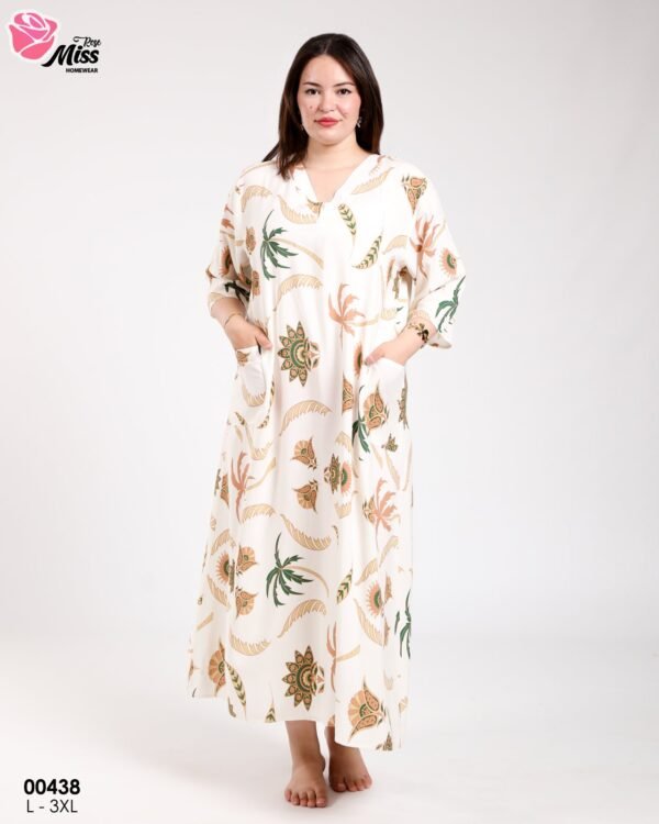 Rose Miss Robe d'intérieur longue – Réf 00438 – Écru motif vert