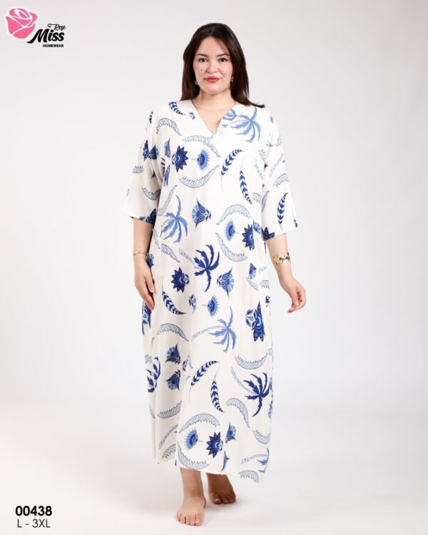 Rose Miss Robe d'intérieur longue – Réf 00438 – Écru motif bleu