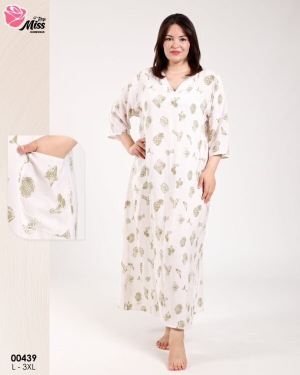 Rose Miss Robe d'intérieur longue – Réf 00439 – Écru motif kaki