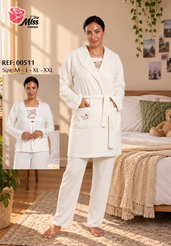 Rose Miss Pyjama 3 pièces avec robe de chambre – Réf 00511 – Écru