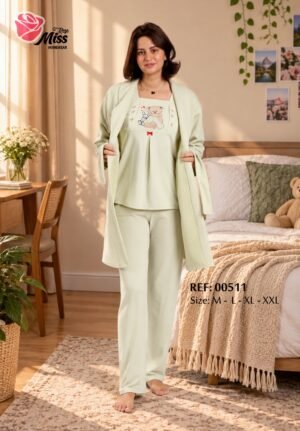 Rose Miss Pyjama 3 pièces avec robe de chambre – Réf 00511 – Vert pistache