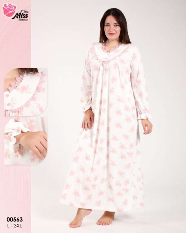 Rose Miss Chemise de nuit longue – Réf 00563 – Blanc fleurs roses