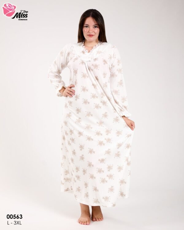 Rose Miss Chemise de nuit longue – Réf 00563 – Blanc fleurs beiges