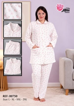Rose Miss Pyjama boutonné imprimé – Réf 00750 – Blanc et rose