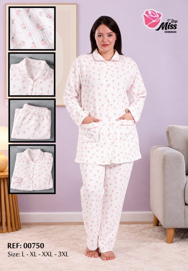 Rose Miss Pyjama boutonné imprimé – Réf 00750 – Blanc et rose
