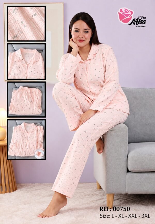 Rose Miss Pyjama boutonné imprimé – Réf 00750 – Rose pêche