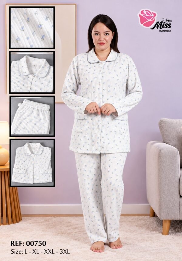 Rose Miss Pyjama boutonné imprimé – Réf 00750 – Blanc et gris