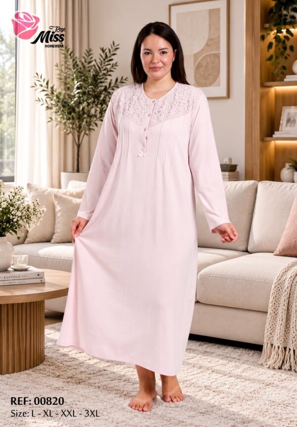 Rose Miss Chemise de nuit longue – Réf 00820 – Rose