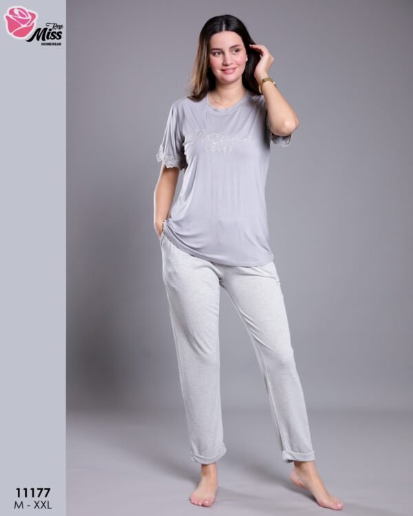 Rose Miss Pyjama t-shirt brodé pantalon – Réf 11177 – Gris