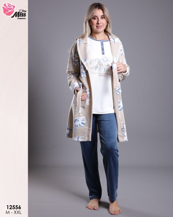 Rose Miss Pyjama 3 pièces avec robe de chambre – Réf 12556 – Beige bleu
