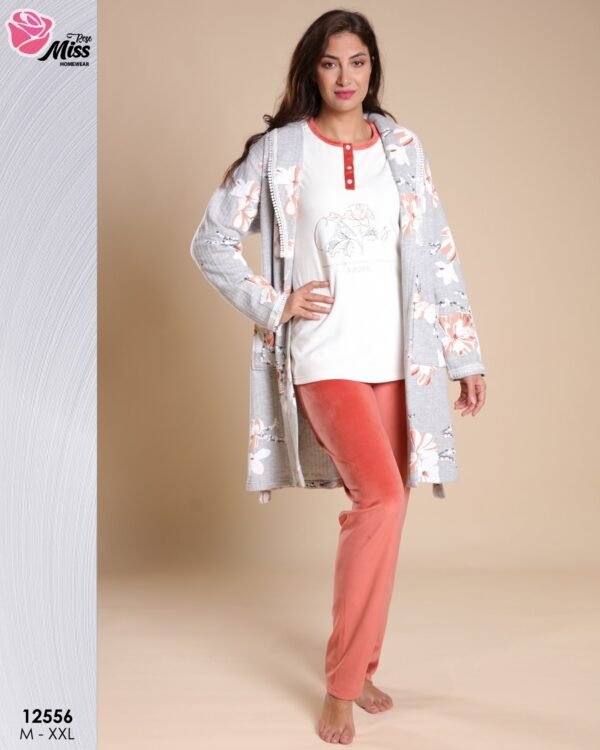 Rose Miss Pyjama 3 pièces avec robe de chambre – Réf 12556 – Gris corail