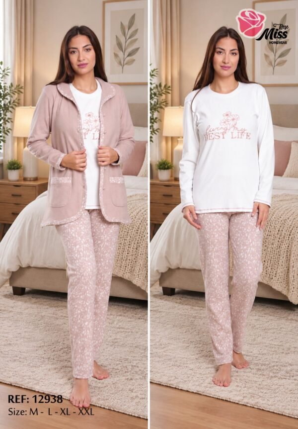 Rose Miss Pyjama 3 pièces avec veste – Réf 12938 – Rose poudré