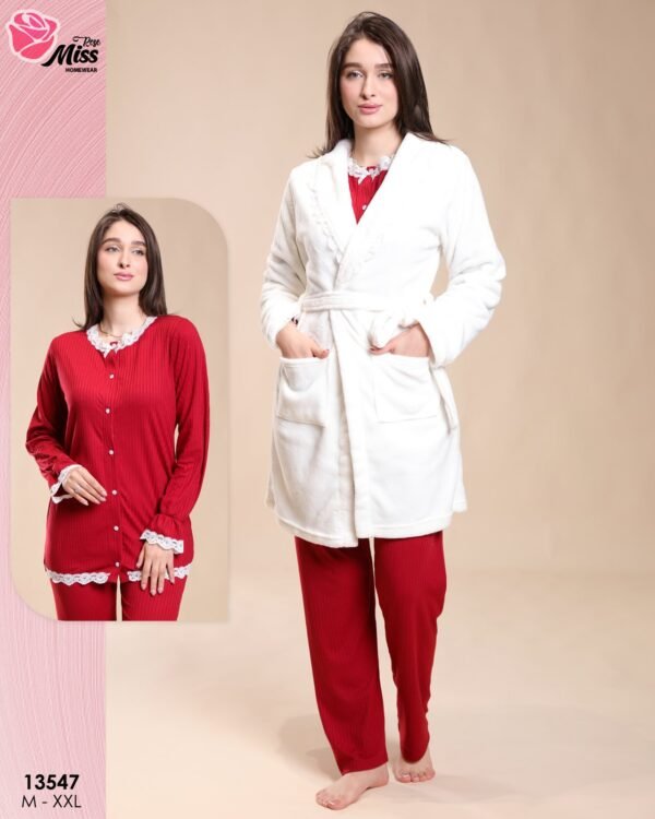 Rose Miss Pyjama 3 pièces avec robe de chambre – Réf 13547 – Rouge
