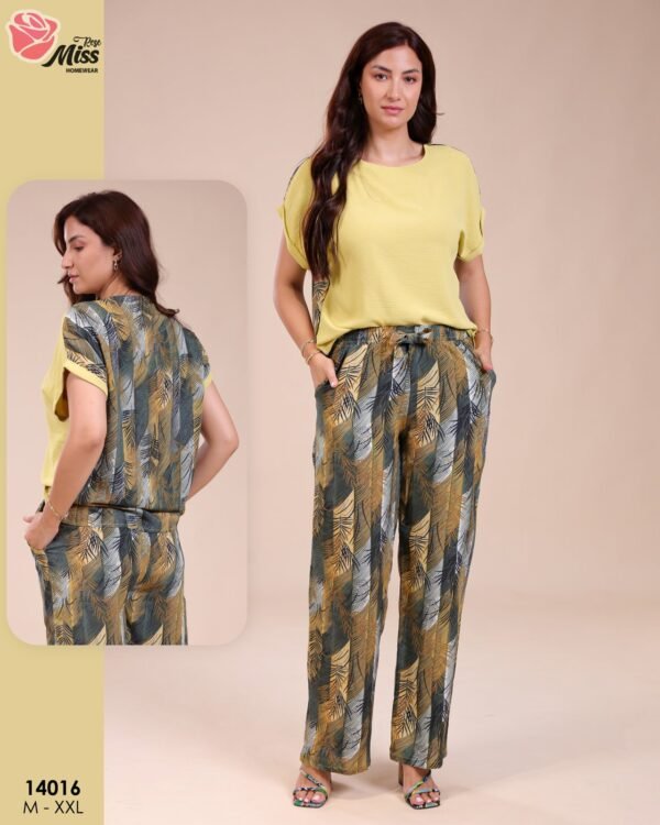 Rose Miss Ensemble pantalon imprimé – Réf 14016 – Jaune kaki