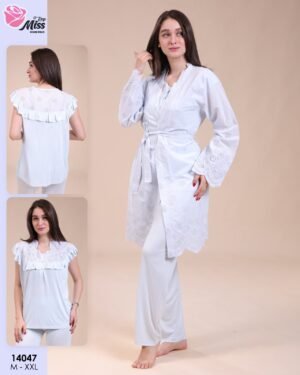 Rose Miss Pyjama 3 pièces avec robe de chambre – Réf 14047 – Bleu ciel