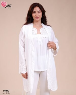 Rose Miss Pyjama 3 pièces avec robe de chambre – Réf 14047 – Blanc