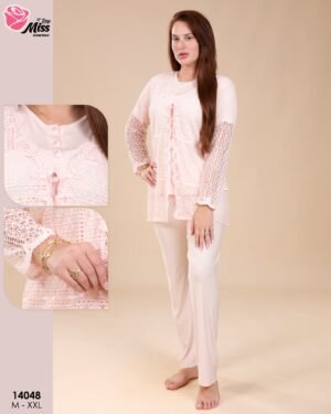 Rose Miss Pyjama 3 pièces avec gilet dentelle – Réf 14048 – Rose poudré