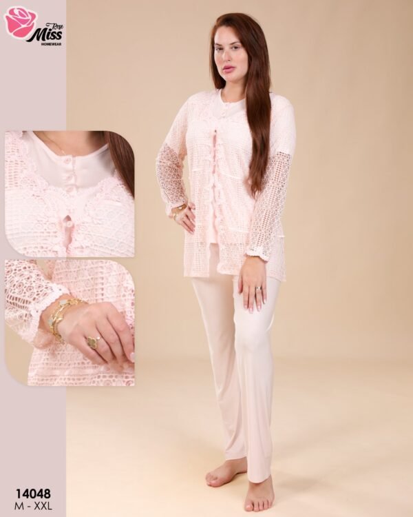 Rose Miss Pyjama 3 pièces avec gilet dentelle – Réf 14048 – Rose poudré