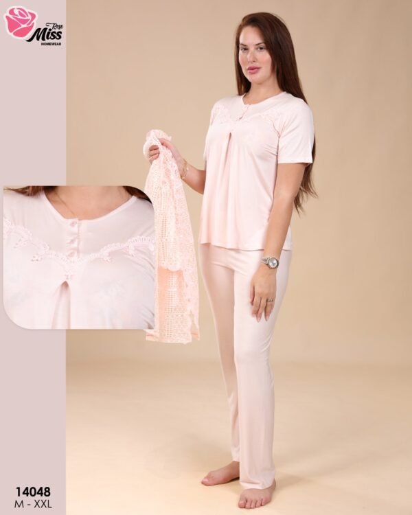 Rose Miss Pyjama 3 pièces avec gilet dentelle – Réf 14048 – Pêche