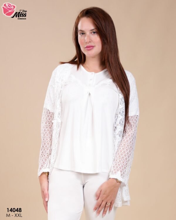 Rose Miss Pyjama 3 pièces avec gilet dentelle – Réf 14048 – Écru