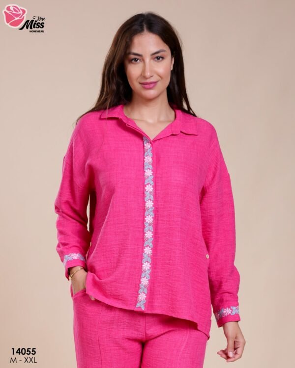 Rose Miss Ensemble chemise et pantalon brodé – Réf 14055 – Fuchsia