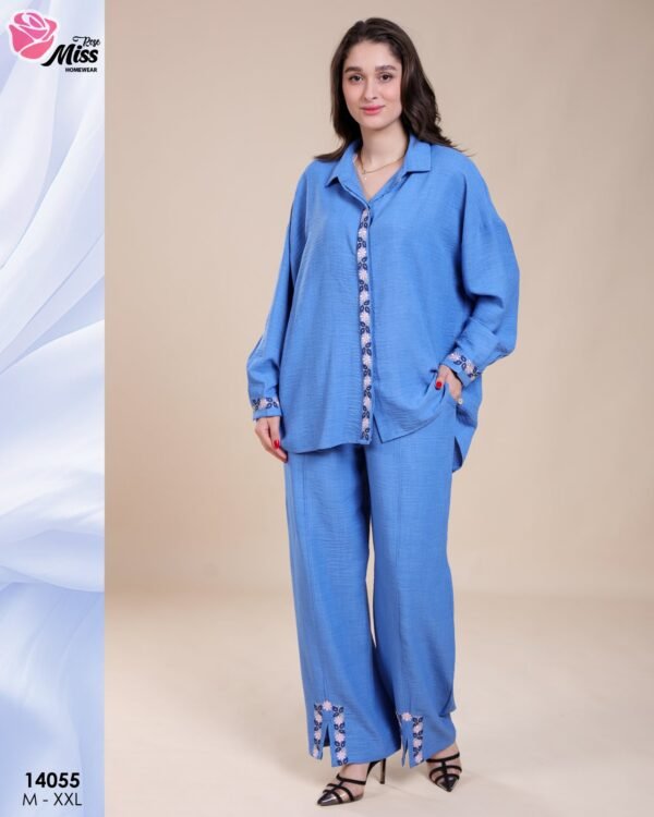 Rose Miss Ensemble chemise et pantalon brodé – Réf 14055 – Bleu