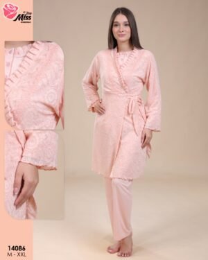 Rose Miss Ensemble pyjama et peignoir dentelle 3 pièces – Réf 14086 – Rose pêche