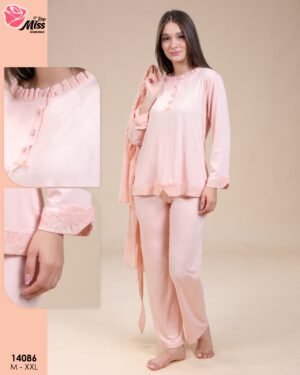 Rose Miss Ensemble pyjama et peignoir dentelle 3 pièces – Réf 14086 – Rose pâle