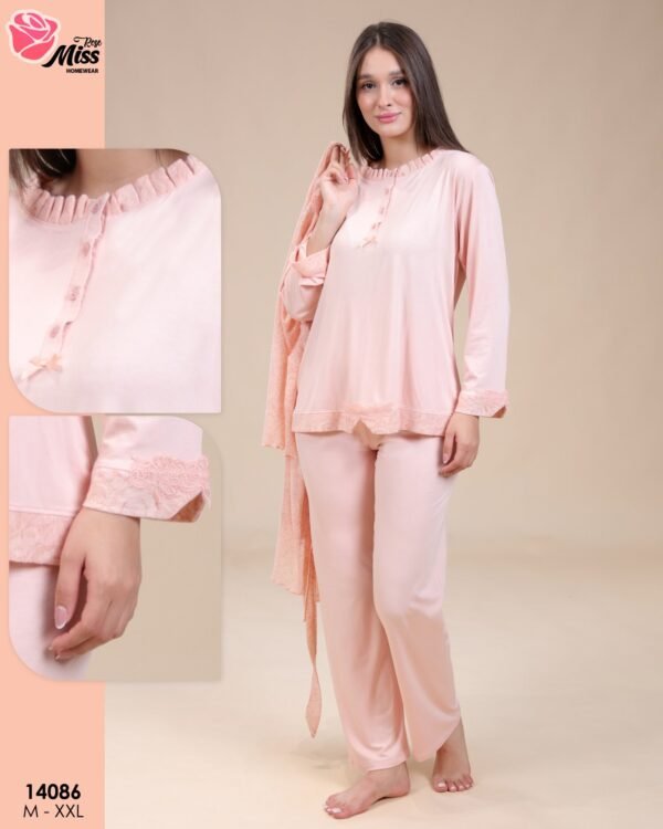 Rose Miss Ensemble pyjama et peignoir dentelle 3 pièces – Réf 14086 – Rose pâle