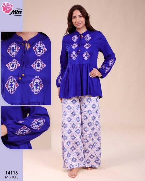 Rose Miss Ensemble blouse brodée et pantalon large – Réf 14116 – Bleu roi
